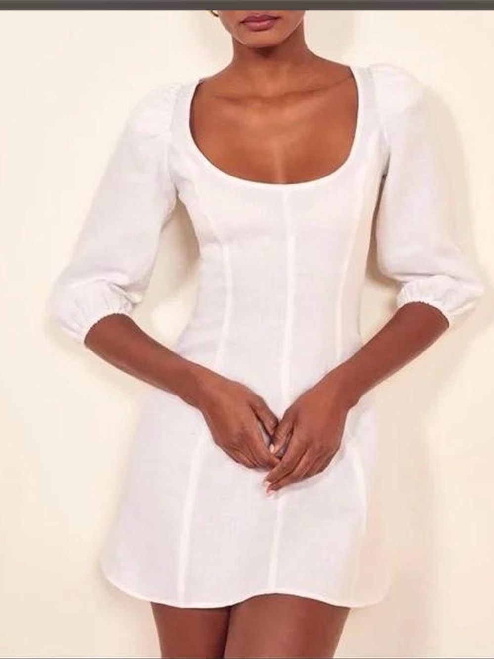 Reformation White Scoop-Neck Mini Dress with Puff Sleeves